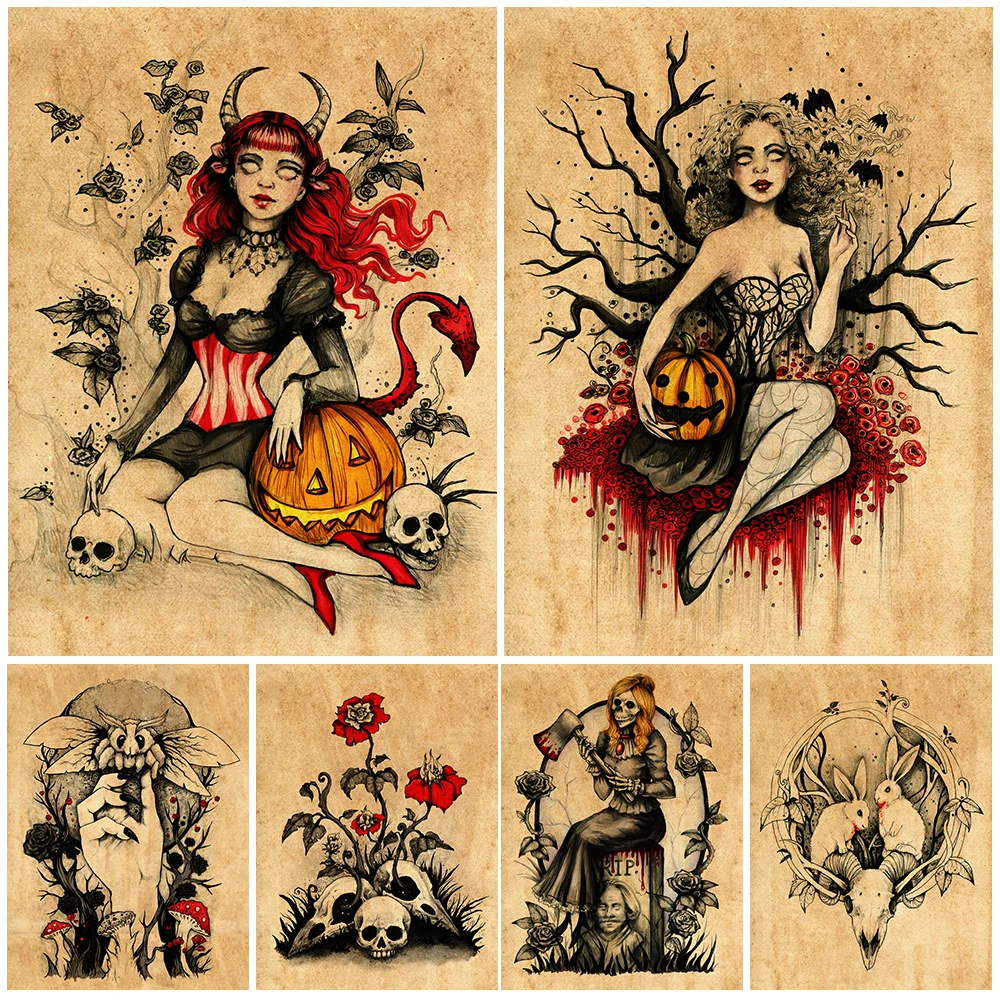 

Gothic Dark Witch,Ghost,Withered Bones Vintage Wall Art Canvas Painting Moth,Rabbit,Mouse,Crow Witchcraft Art Poster And Print