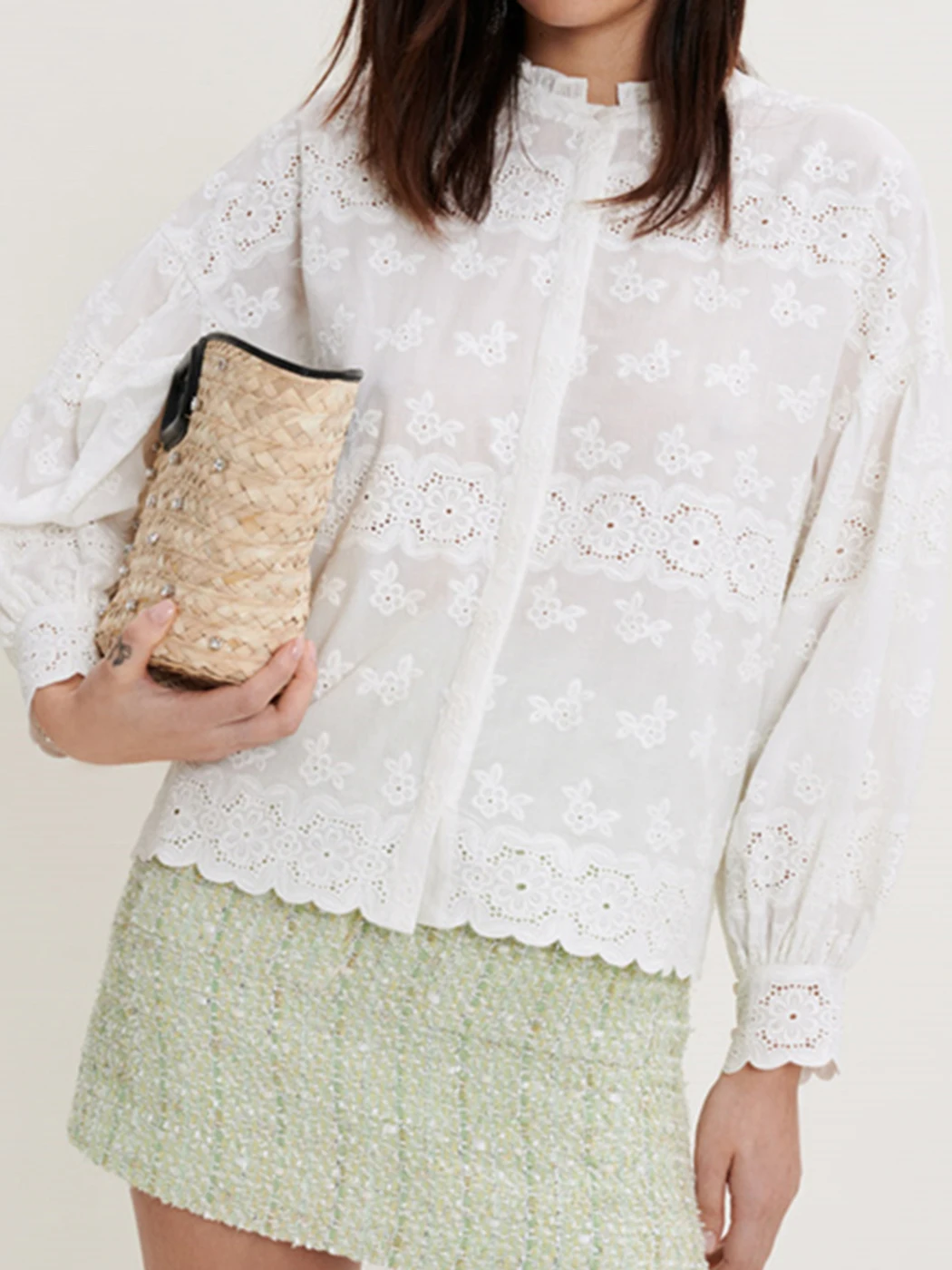 

Белая хлопковая рубашка с вышивкой, топ, женский весенний кардиган с круглым вырезом и длинным рукавом-фонариком для отдыха, топы, французск...