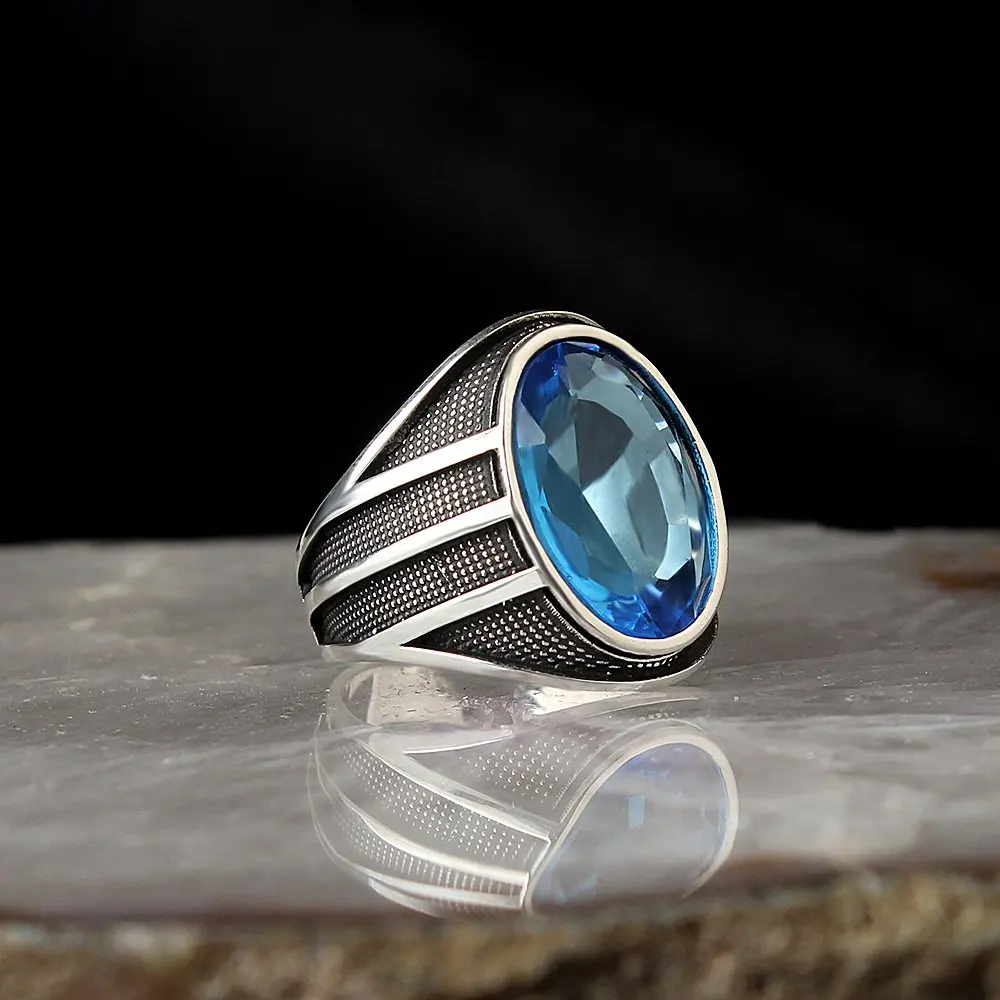 

Crystal Cut Blue Topaz 925 Sterling Silver Men's Ring