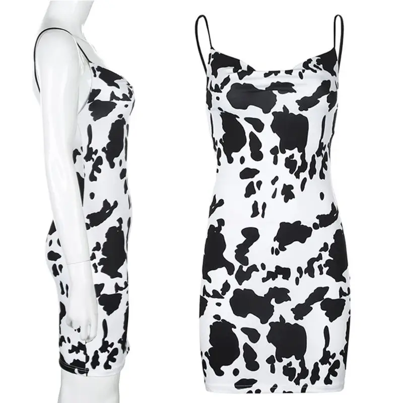 

Women Summer Sleeveless Milk Cow Animal Printed Mini Sling Dress Sexy V-Neck Cutout Backless Slim Fit Empire Waist Party P8DB
