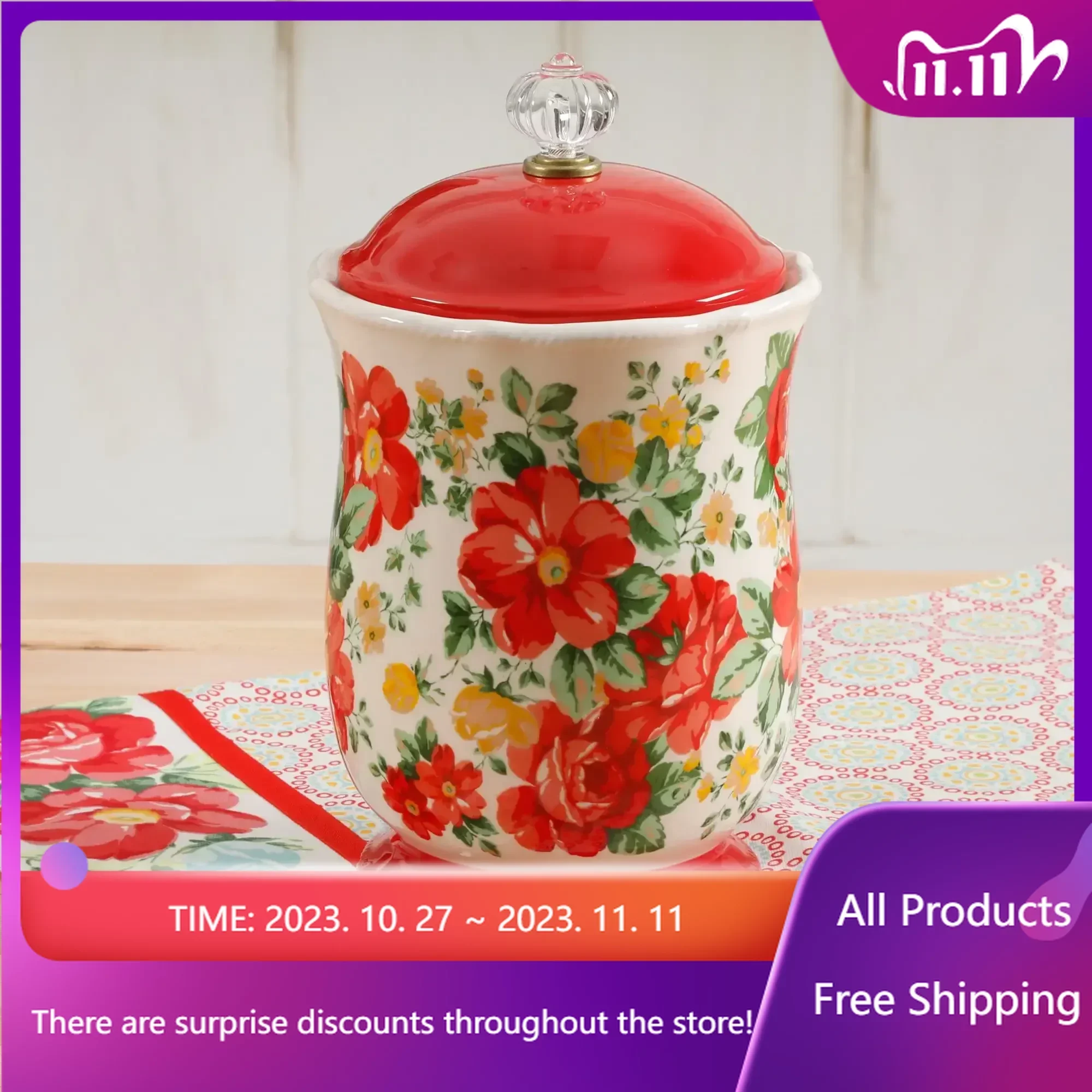 

Vintage Floral Canister with Acrylic Knob, 10"， Kitchen Storage Container, Kitchen Items,Kitchen Organizer and Storage Container