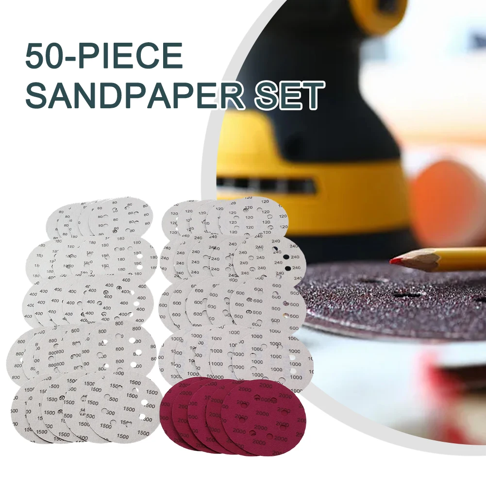 

50pcs Sanding Paper 5 Inch Sanding Discs 8 Hole Hook Loop 80 To 2000 Grits For Polished Metal Wood Jade Power Tools Accessories