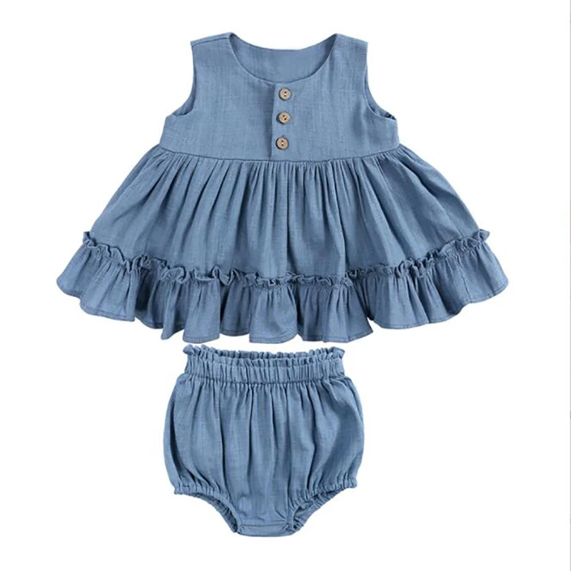 2Piece Summer Infant Girl Clothes Fashion Solid Cotton Linen Sleeveless Baby Princess Dress+Shorts Newborn Clothing Set BC2205