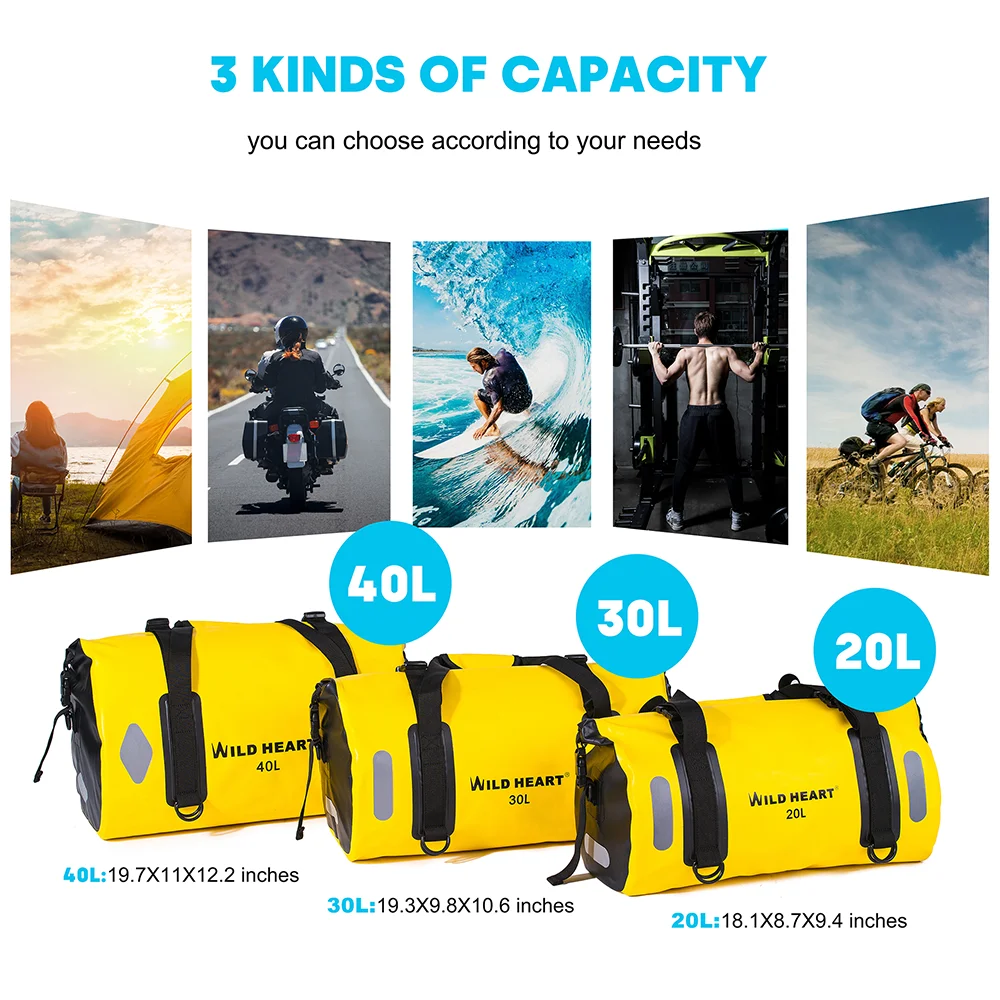 WILD HEART Waterproof Bag Duffel Bag 20L 30L 40L with Welded Seams Shoulder Straps, Mesh Pocket for Kayaking, Camping, Boating,B