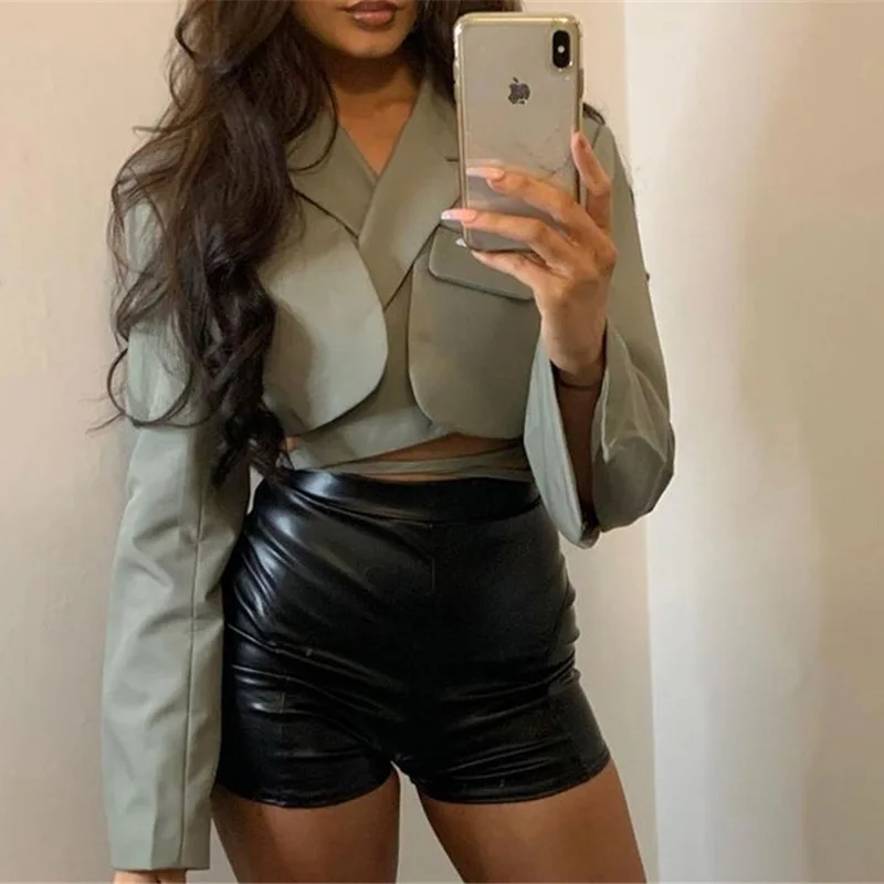 

Double-layer Bandage Slim Small Suit Sexy Long-sleeved Slim Slim Umbilical Strap Top Women's Long-sleeved Pocket Short Jacket