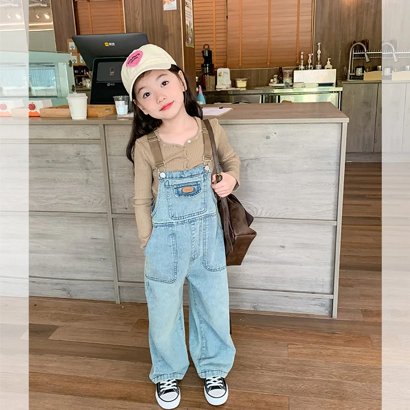 

Kids vintage denim Overalls Girls Korean style chic loose denim Trousers Baby girl all-match casual Bib pants