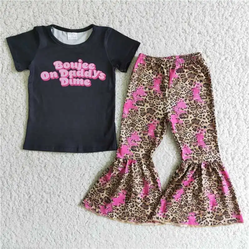 Wholesale Baby Girl Boujee On Daddy's Dime Kid Black Clothes Set Toddler Outfit Children Leopard Bell Pants Spring Fall Outfit