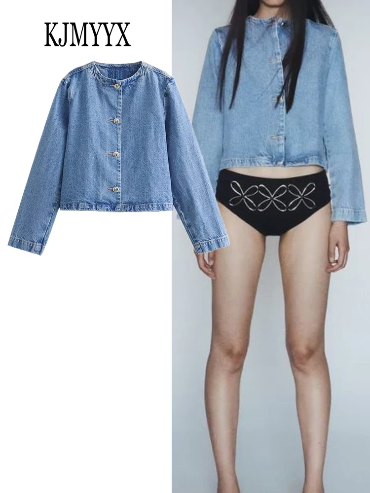 KJMYYX весенне-осенняя Женская модная джинсовая куртка с длинным рукавом Новая женская винтажная элегантная однобортная короткая куртка с круглым вырезом