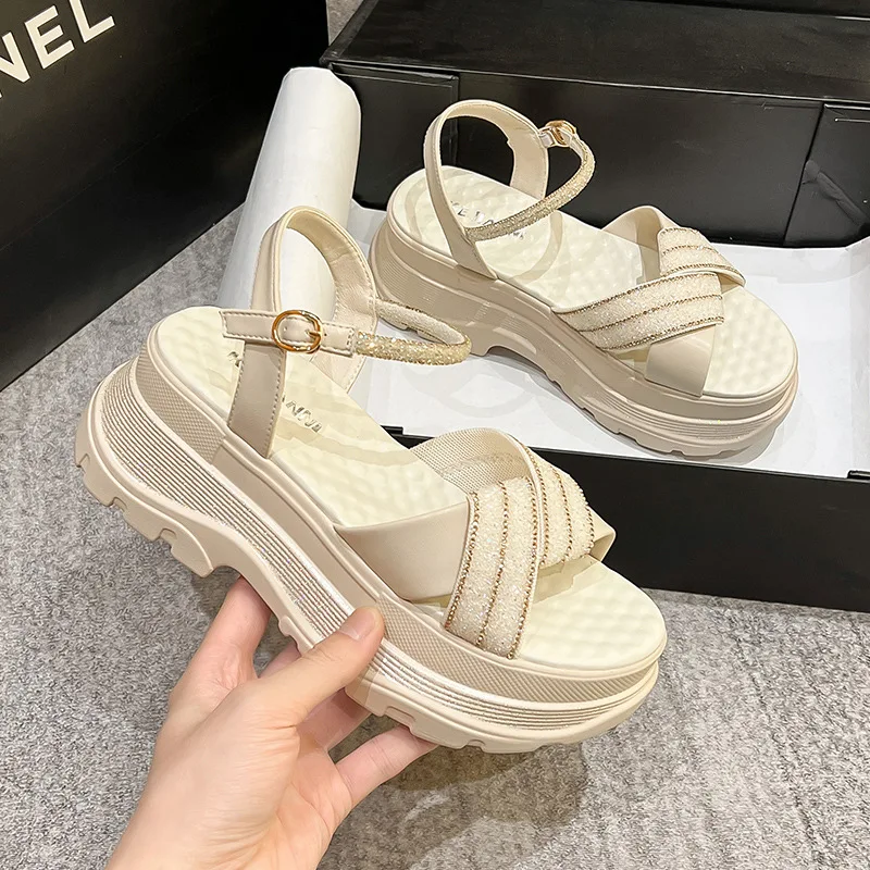 7CM Knot Design Genuine Leather Fashion Rhinestones Deco Women Sandals Soft Soles Platform Casual Woman Sandals Female Shoes