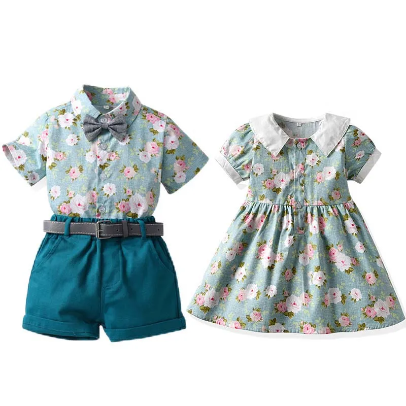 

Brother and Sister Family Matching Outfits 2022 Summer Kids Boys Gentleman Clothes Sets and Girls Floral Princess Dress Clothing