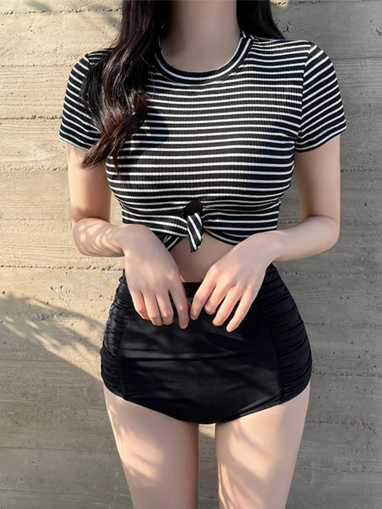 

2022 Sexy High Waist Bikini Women Striped Black Swimsuit Short Sleeve Bathing Suit Push Up Biquini Crop Top Swimwear Rash Guard