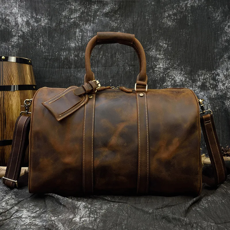 Men's Genuine Leather Travel Bag Crazy Horse Leather Retro Handbag Top Layer Cowhide Large Capacity Fitness Bag Travel