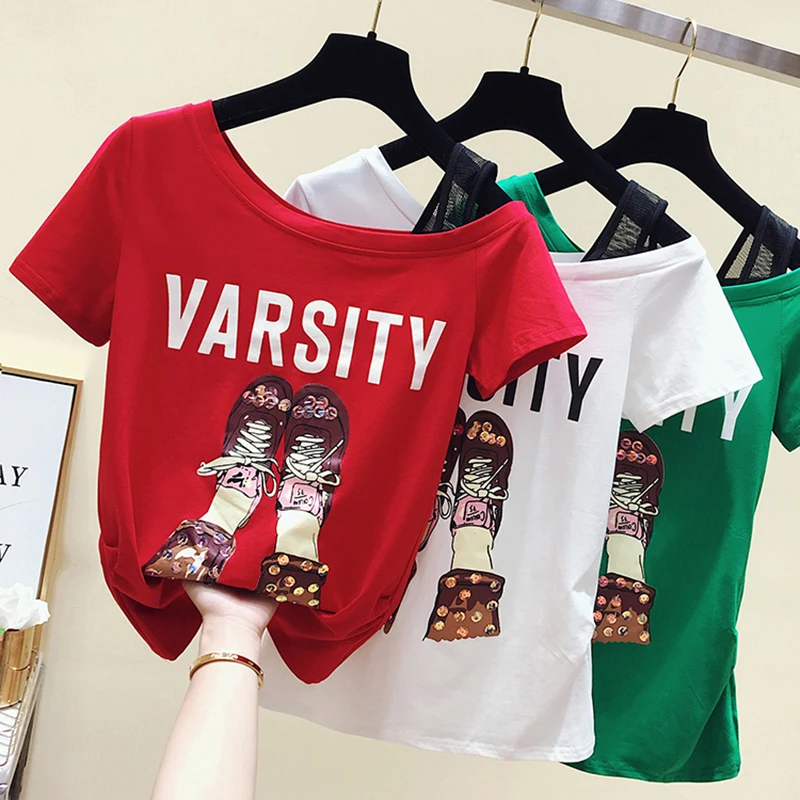 

Футболка женская с блестками и коротким рукавом, 2022 хлопок, топ с открытыми плечами и надписью, одежда в Корейском стиле, на лето