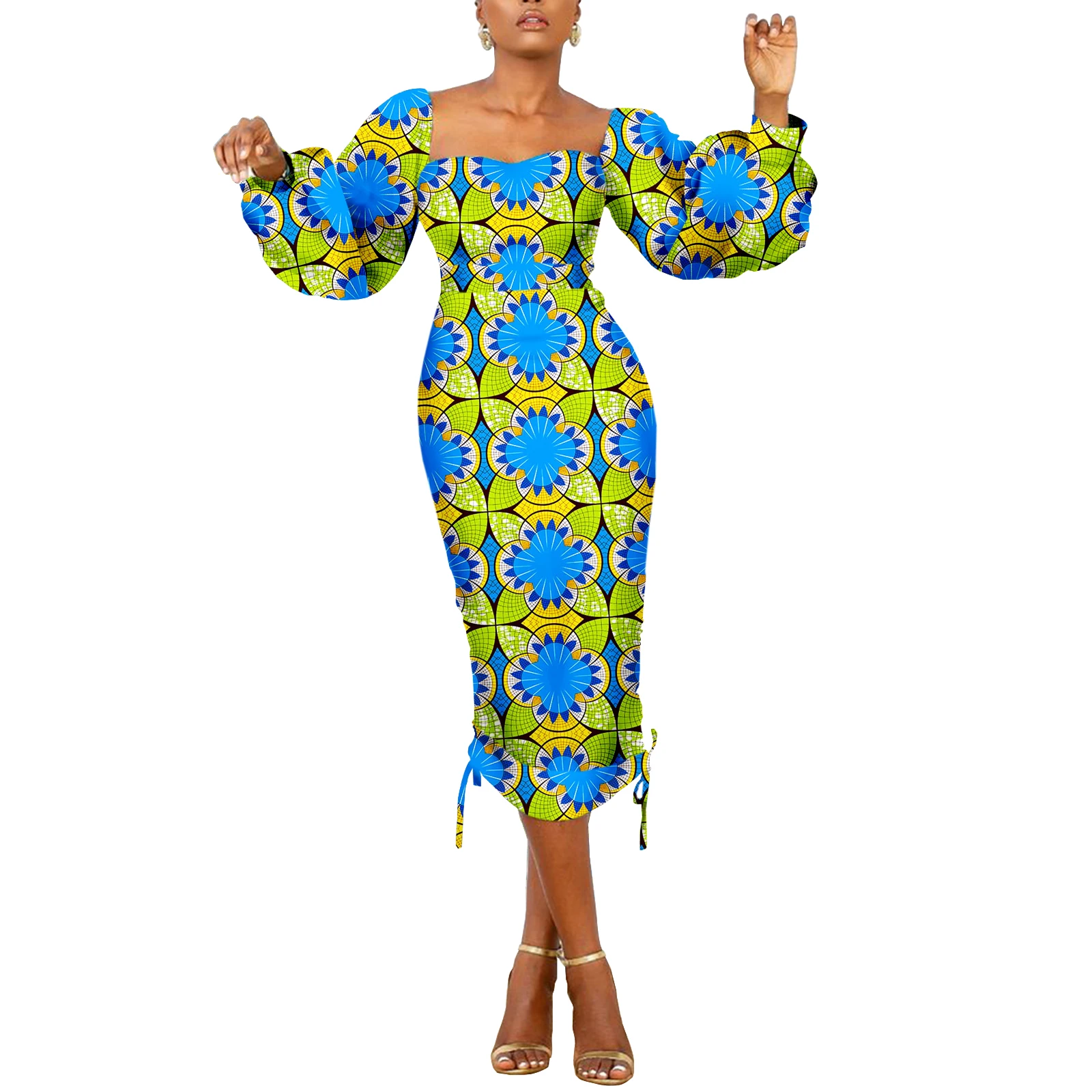 

African Dresses for Women Wax Print Square-Neck Long Sleeve Slim Fit Cotton Dress Traditional Dashiki Clothing