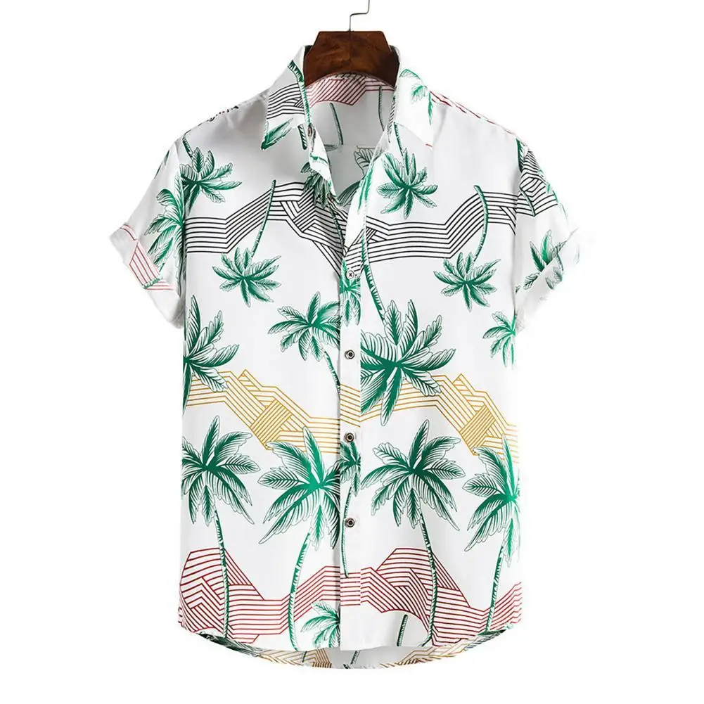 

Turn-down Collar Short Sleeve Men Shirt Buttons Down Summer Coconut Tree Print Hawaiian Shirt for Travel