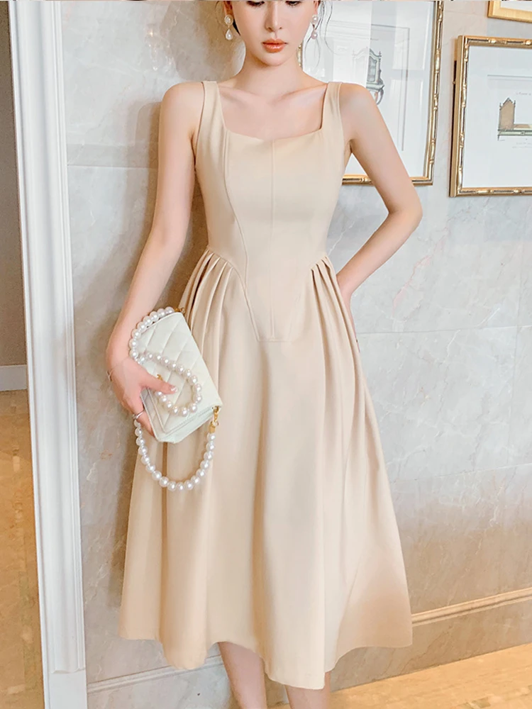 

Summer Women Midi Dress Sweet Simple Blue Tank Camis Sleeveless Folds A-line Ball Gown Femme Robe Date Party Princess Vestidos