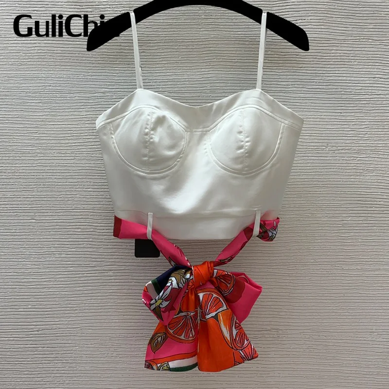

9.11 GuliChic Women Sexy Fashion Hem Print Ribbons Decoration Short Spaghetti Strap Tank Top