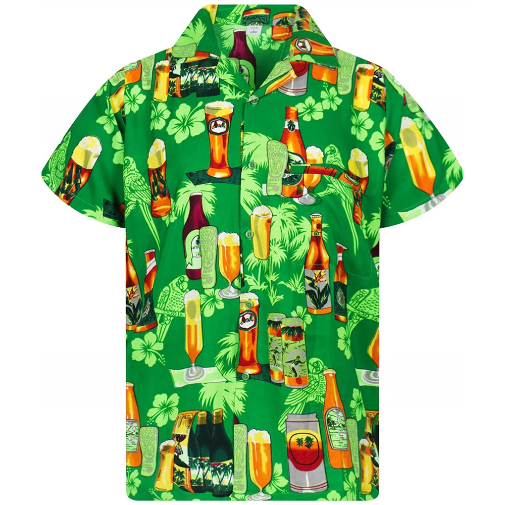 

Hawaiian Beach Harajuku Shirts For Men 3D Printed Beer Short Sleeve Tees Summer Vacation Style Fashion Casual Tops Lapel Shirt