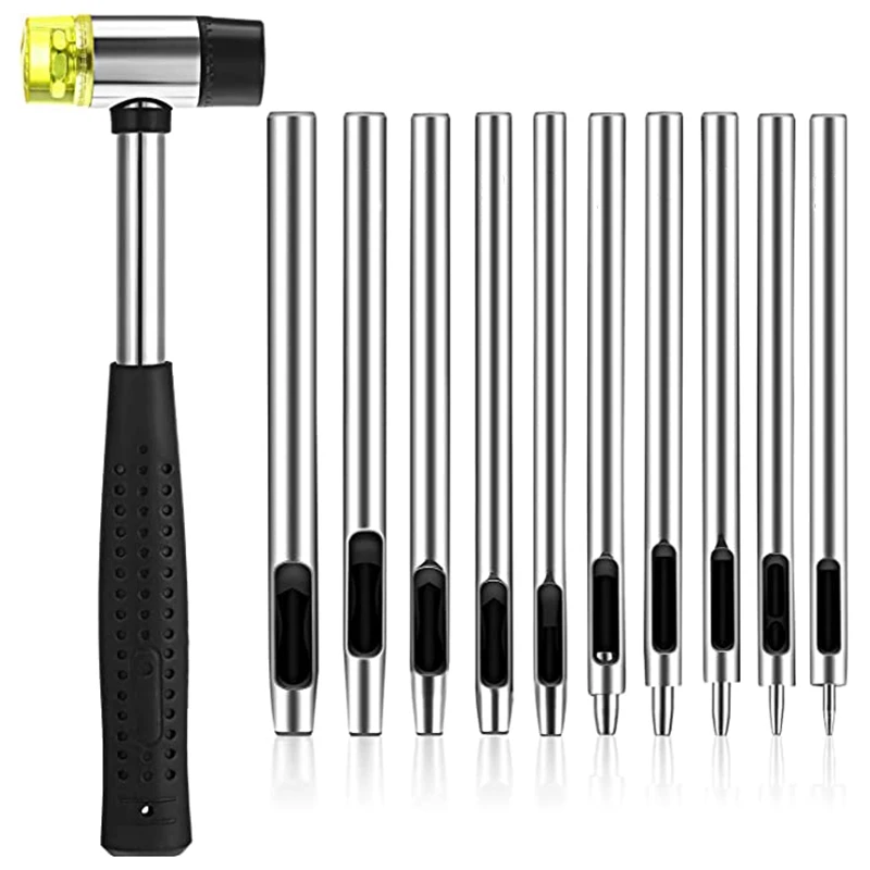 

11Pcs Leather Hole Punch Set Leather Hole Punch Cutter Dual Head Rubber Hammer Leather Working Tools(0.5-5 Mm)