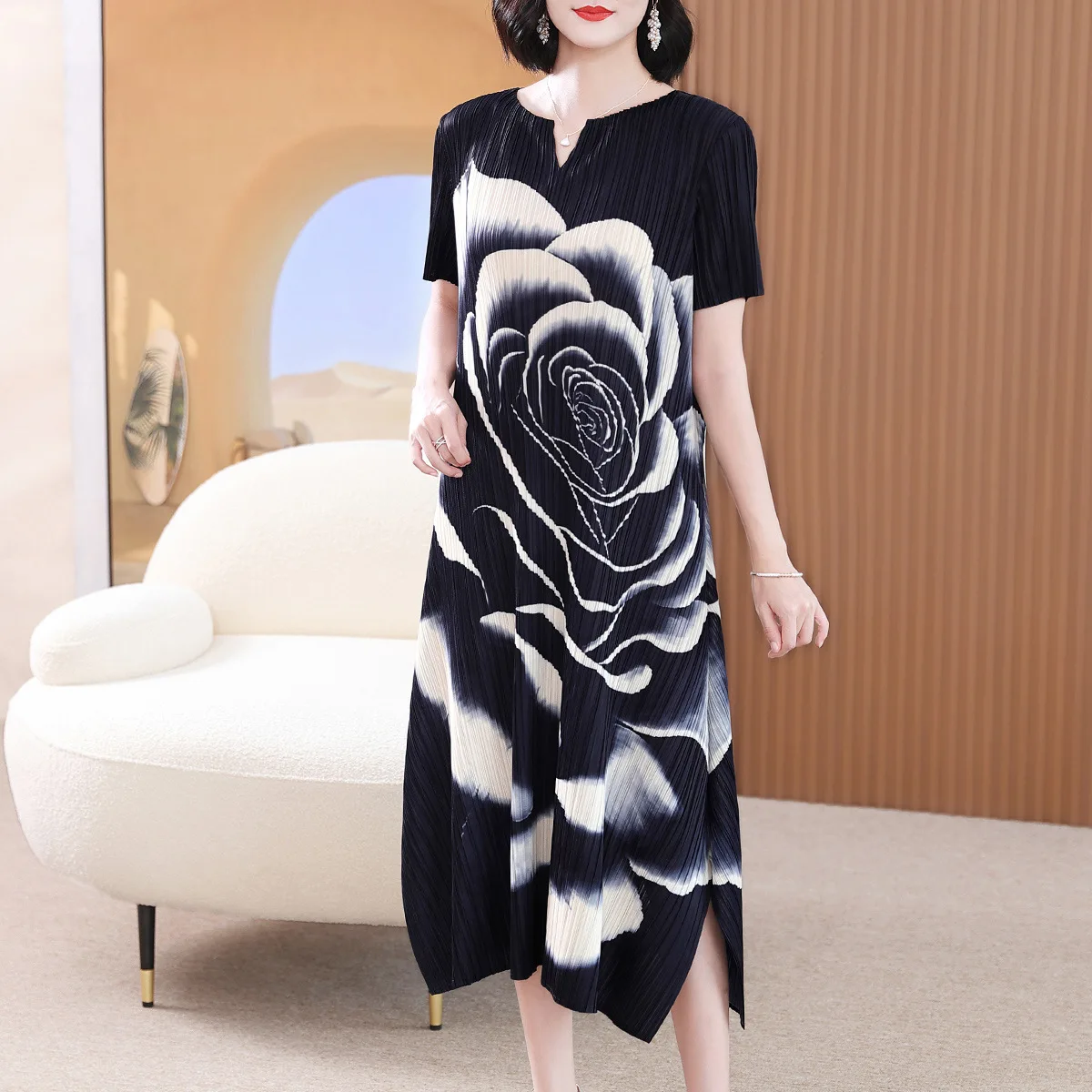 

Miyake Pleated High-End Temperament Dress Women Summer 2023 New Fashion Printed Loose Plus Size Plump Girls Elegant Dress Women