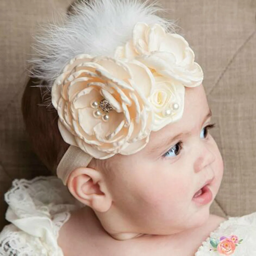 

Retro Large Flower Children's Wide Headband Headdress Pearl Diamond Feather Hairband Girls Hair Accessories Baby Photo Props