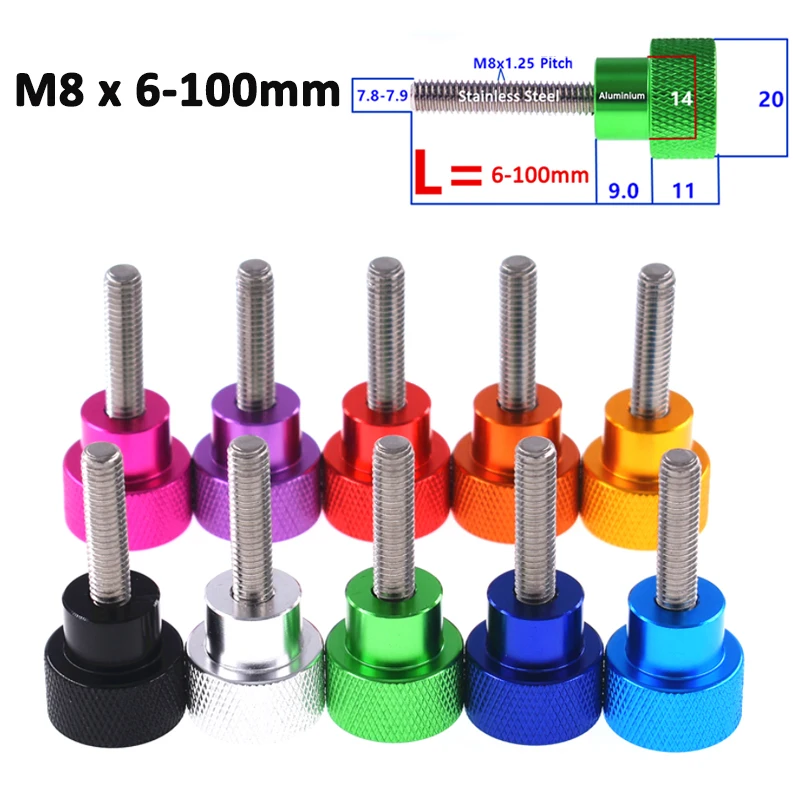 

1 шт. M8x6/8/10/12/15/18/20/25/30-100 мм цветной алюминиевый сплав нержавеющий рифленый винт для большого пальца Ручка Рукоятка шаговый болт анодированный