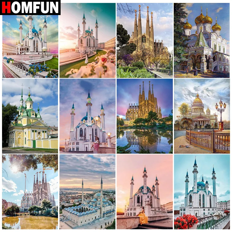 

Алмазная 5D Вышивка HOMFUN «сделай сам», полноформатная картина с изображением замка, пейзажа, квадратная/круглая Стразы, декоративное искусство