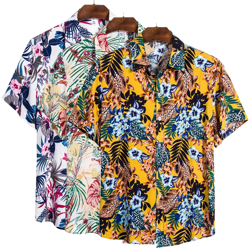 

Мужская хлопковая рубашка с коротким рукавом, гавайская Пляжная футболка с тропическим Рисунком Листьев, лето