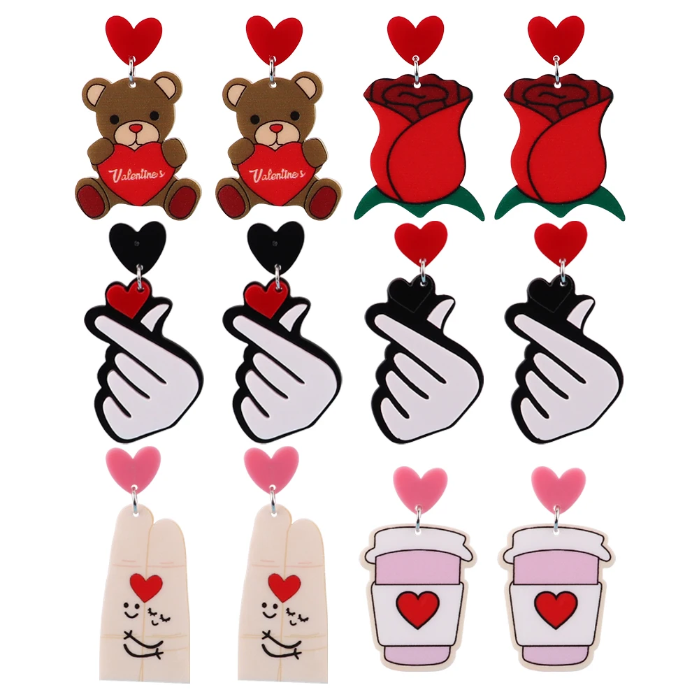 

Valentine's Day Fashion Love Heart Red Rose Acrylic Drop Earrings for Women Finger Hug Milk Tea Cup Dangle Earring Jewelry Gift