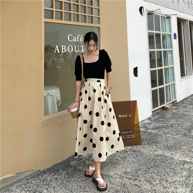 

2021 Vintage Polka Dot Big Swing A-line Skirts Summer Slimming High Waist Elasticity Skirt Women Print Long Skirt Casual Female