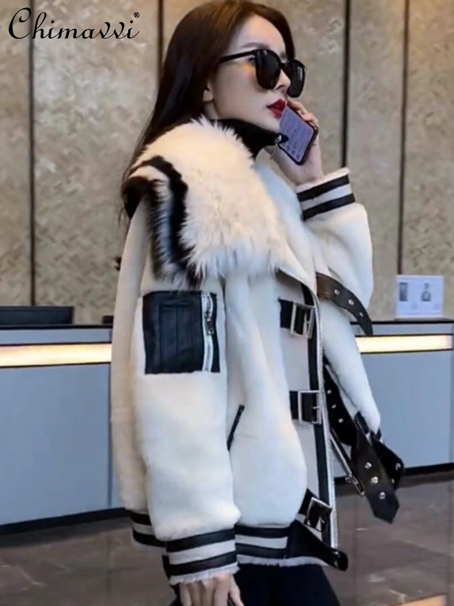 Fashion Faux Fur Coat Female 2022 New Winter Clothes Temperament Mid-Length Fox Fur Collar Stitching Lamb Wool Jacket Women