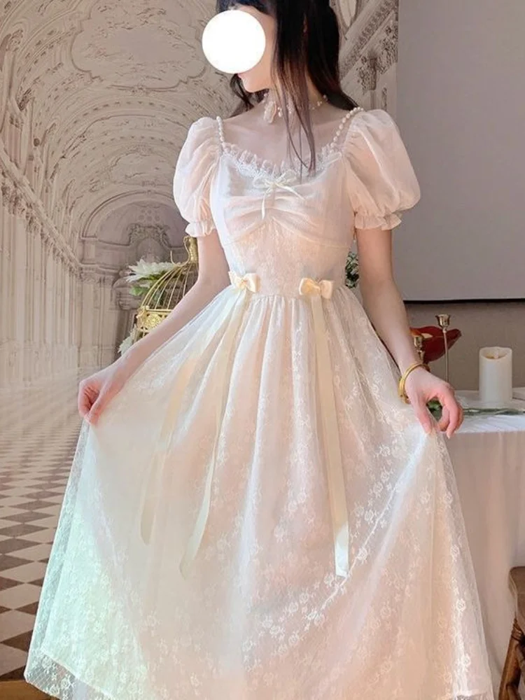 

Женское милое элегантное платье, милое кружевное лоскутное платье с бантом, летнее платье с коротким рукавом с буфами и квадратным воротником