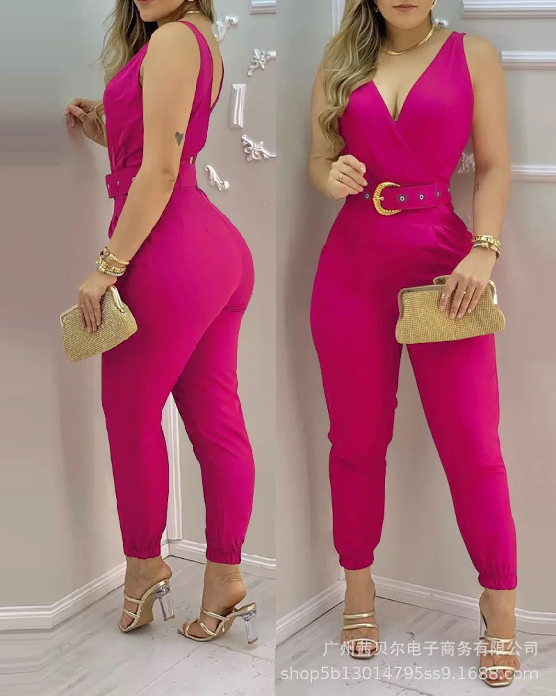 

Sexy V Neck Ruched Elegant Red Jumpsuit 2022 Summer New Casual Sleeveless High Waist Lace Up Jumpsuits Casual Office Lady