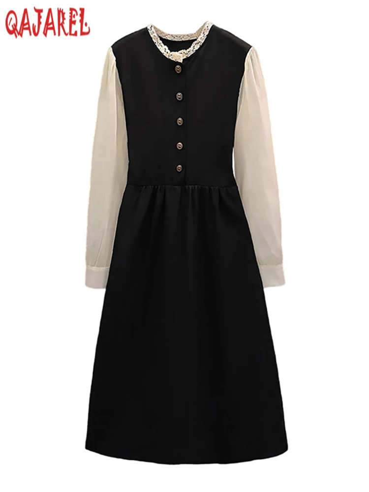 

Черное лоскутное белое шикарное кружевное женское платье с длинным рукавом и воротником осень-зима Элегантное повседневное платье 2023 корейские винтажные платья