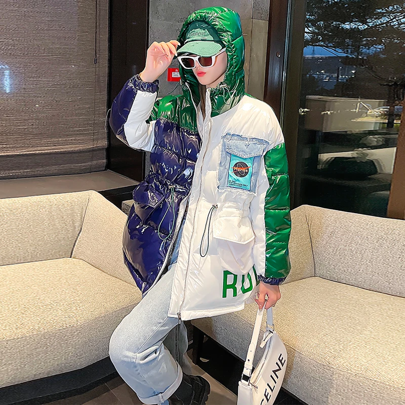 

White Splice Down Parkas For Women's 2022 New Winter Jackets Korean Loose Hooded Down Cotton Coats Women Glossy Cotton Jackets