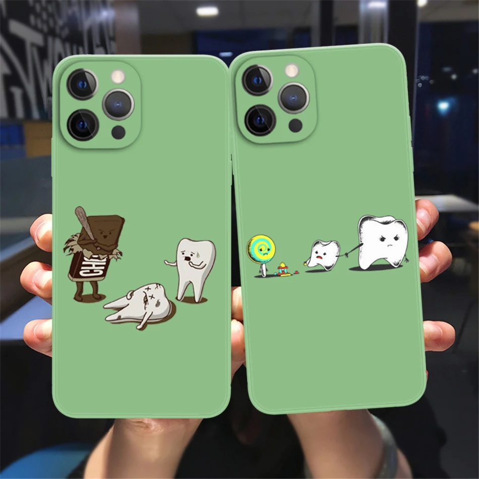 

Luxury Cute Catoon Tooth Dentist Phone Case For iPhone 13 12 11 14 Pro Max XSMax XR X 8 7 Plus Green Soft Silicone Bumper case