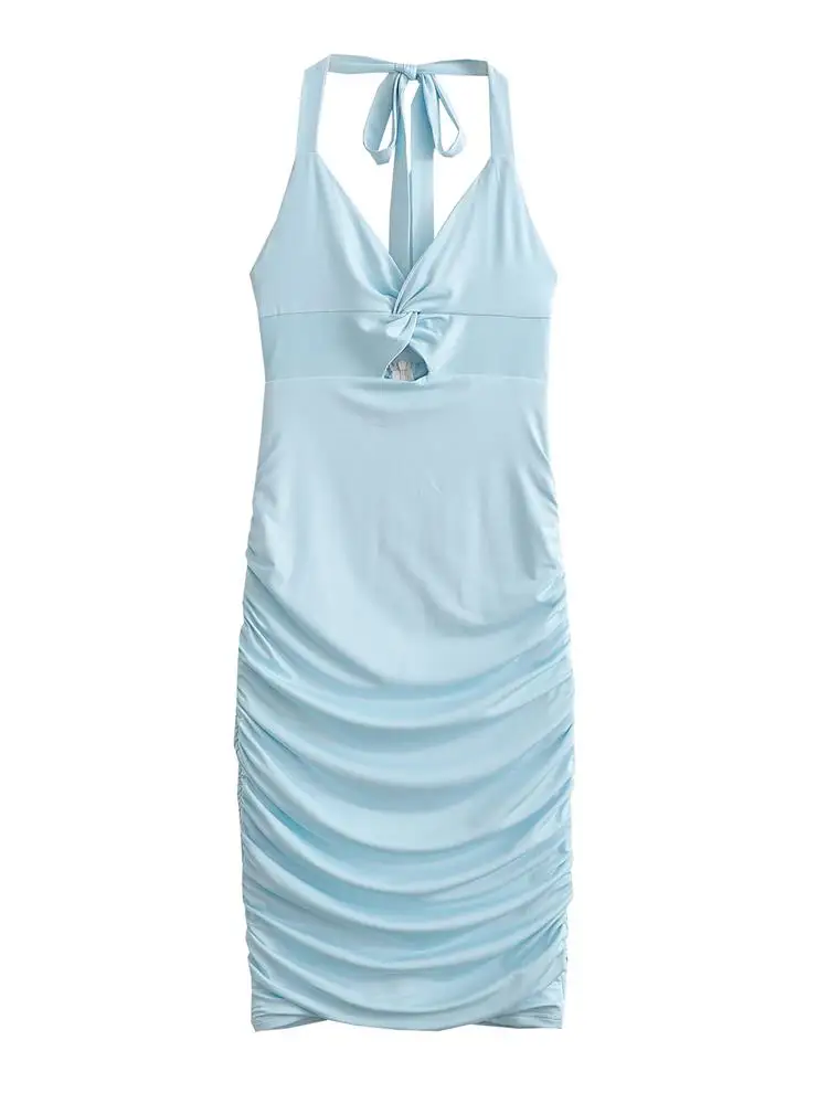 

TRAF Women 2022 Fashion Hollow Out Pleated Mini Dress Vintage Sleeveless Tied Halter Neck Female Dresses Vestidos Streetwear