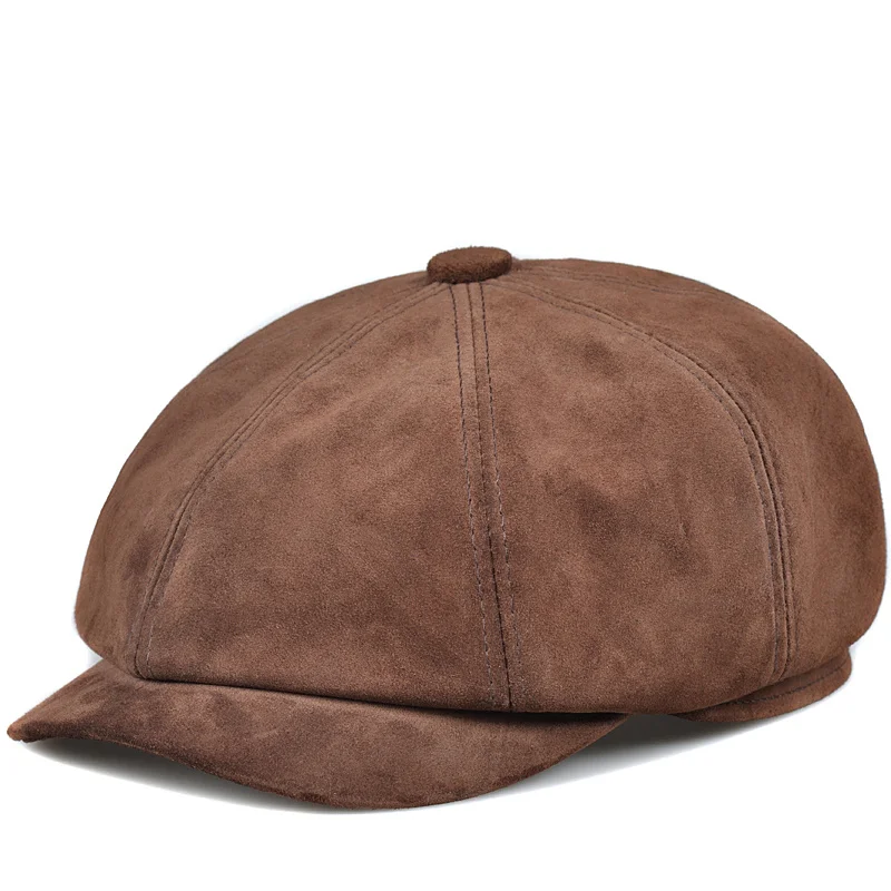 

England Suede Octagonal Hat Men Male Spring Winter Real Leather Beret Caps Newsboy 1 Buttons Casual Streetwear Peaked Bonnet