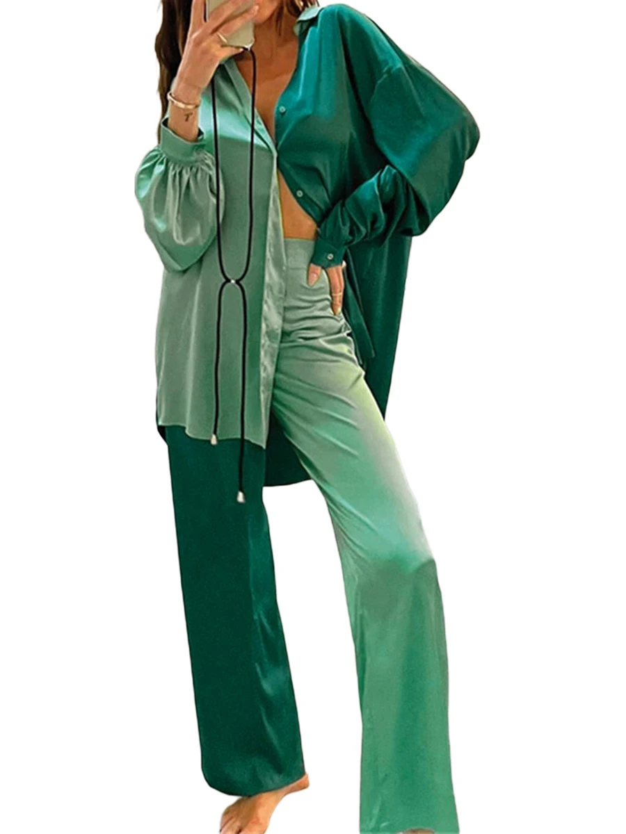 

Women Pleated 2 Piece Pants Outfits Long Sleeve Button Down Shirt Blouse Wide Leg Loose Pants Set Streetwear