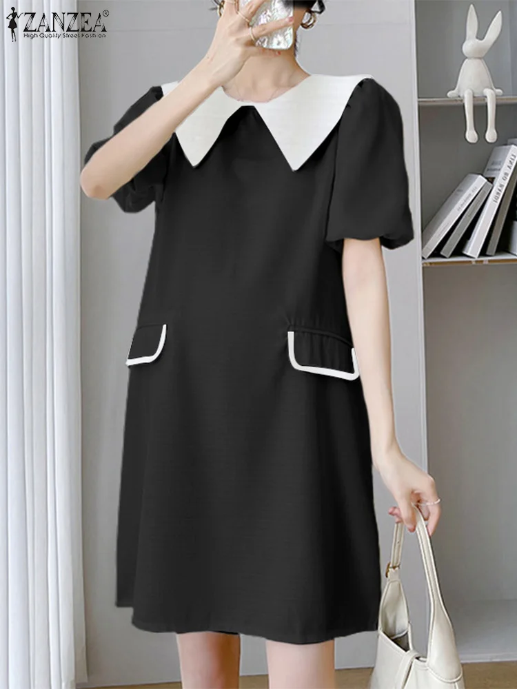 

ZANZEA Color Block Sweet Short Vestidos Peter Pan Collar Women Korean Fashion A-line Mini Dresses Short Puff Sleeve Loose Dress