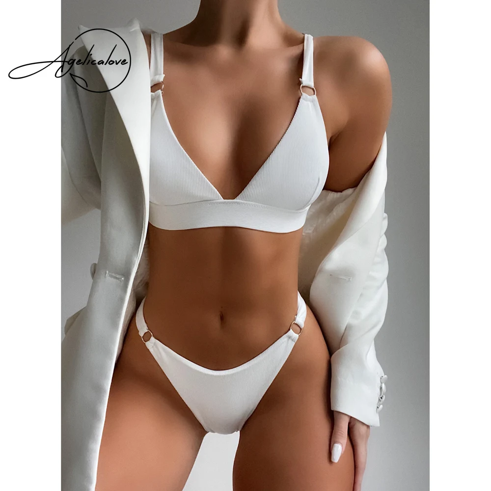 

2022 New Sexy Ribbed Ring Bikinis Swimsuit Women Push Up Swimwear Solid Bikini Set Summer Beach Brazil Biquini Swim Bathing Suit