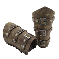 fashion anime cosplay medieval retro pu leather wristbands brown adult metal role play knight show performance clothing props