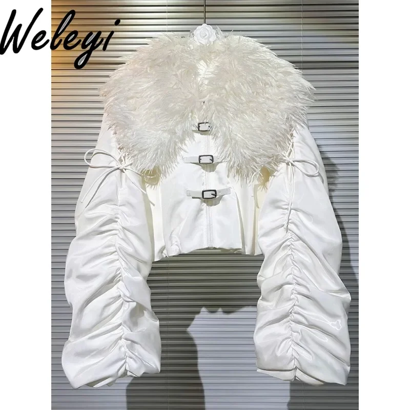 Новый зимний яркий шелковый большой меховой воротник белый пуховик теплый