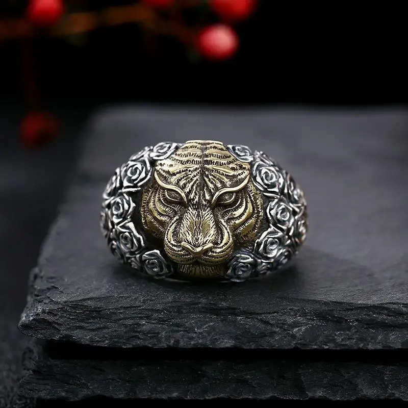 

Classic Punk Metal Domineering Rose Tiger Open Rings for Men Cool Glamour Street Party Biker Jewelry Birthday Gift