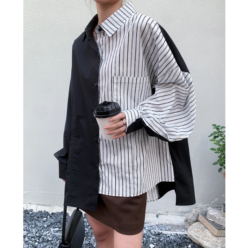 

SuperAen Irregular Splicing Full Turn Down Collar Shirts 2022 New Casual Loose Women's Tops