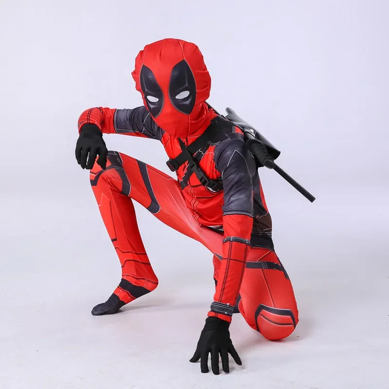 Adult Deadpool Costume Men Women Kids Cosplay Mask Suit Jumpsuit Backpack Knif Accessories Superhero Halloween Child