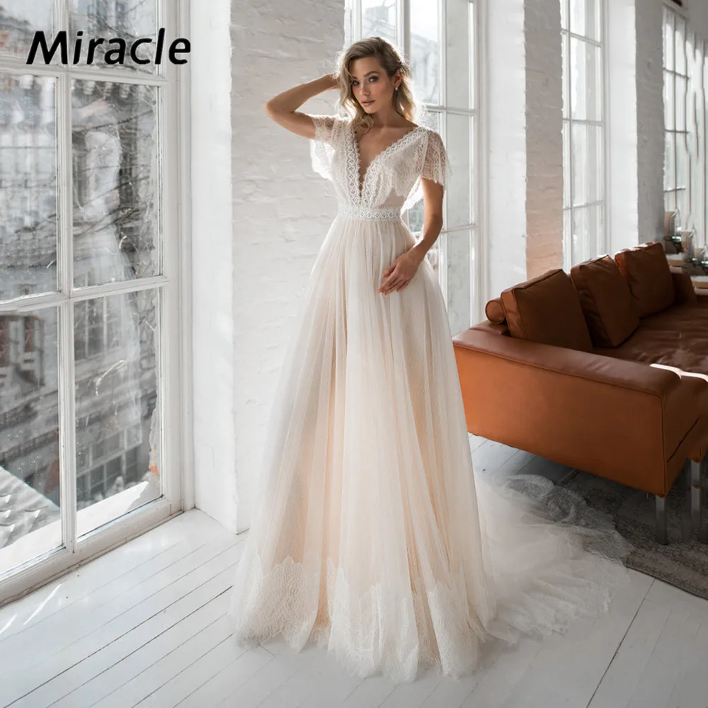 

Fascinating V-Neck Wedding Dress Comely A Line Bridal Gown Wedding Dresses Alluring Short Sleeve Backless Lace Vestido De Novia