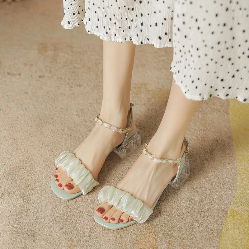 

Сандалии женские с квадратным носком, босоножки на среднем толстом каблуке, с ремешком и пряжкой, модная мягкая обувь для отдыха, однотонные...