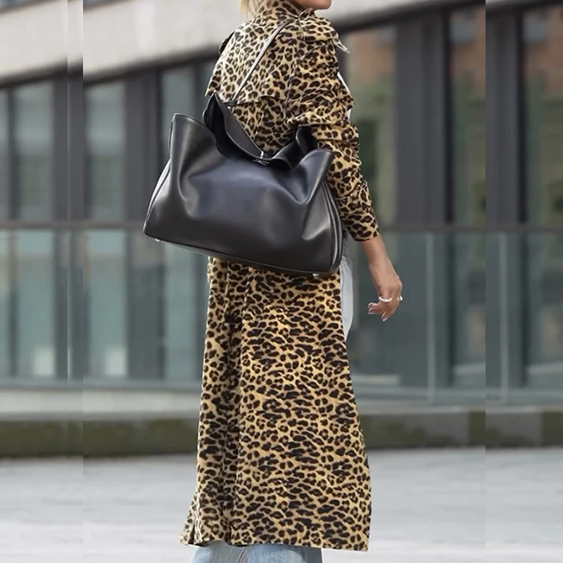 Женский плащ с леопардовым принтом и отложным воротником модные уличные куртки