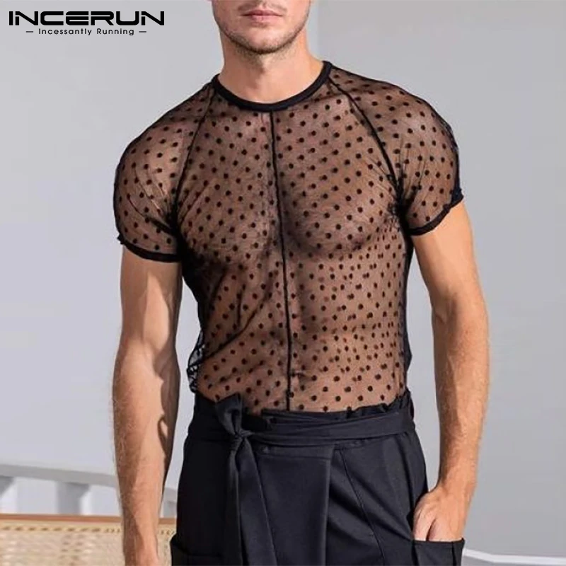 

Fashion Casual Style Men's Camiseta Hot Sale Tess Casual Male See Through Short Sleeved Net Yarn T-Shirt S-5XL INCERUN Tops 2022